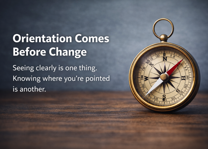 Brass compass on a wodden surface symbolizing business direction, clarity, and orientation before change