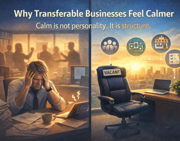 Owner standing confidently while the leadership team runs the business independently in a calm office environment.