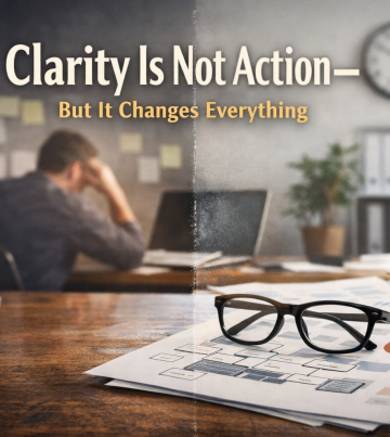 Split image showing a stressed business owner surrounded by clutter on one side and a clear, organized desk with financial reports on the other, illustrating how clarity changes business performance.