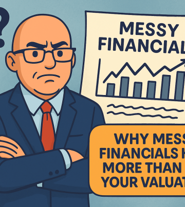 Cartoon-style illustration of a confused business owner looking at messy financial reports, with graphs and numbers flying around.