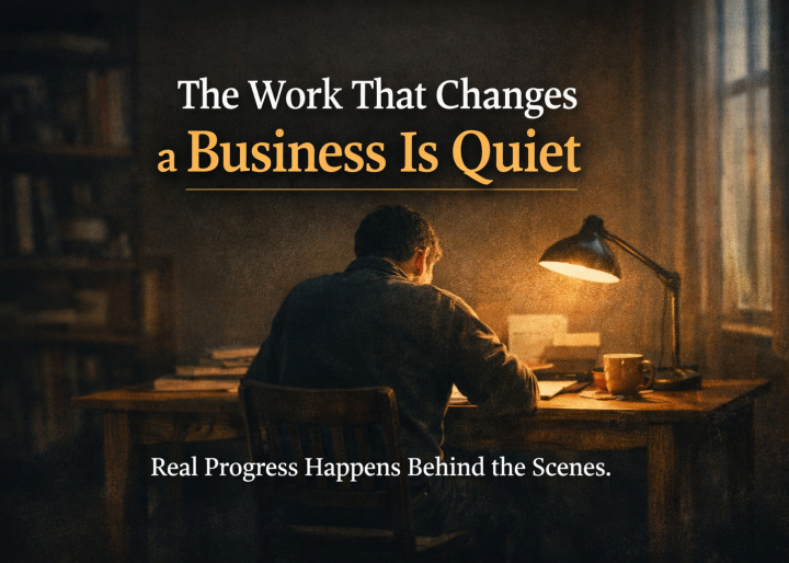 A business owner working alone at a desk late at night under a warm desk lamp, focused on paperwork in a quiet, dimly lit room.